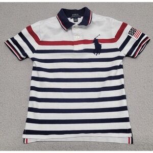 Polo Ralph Lauren Shirt Boys 6 Red White Blue Stripe Mesh Polo Big Pony USA Flag